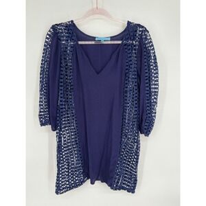 Solitaire Swim Cover Up Tunic Dress Crochet Trim V Neck Navy Blue Size M